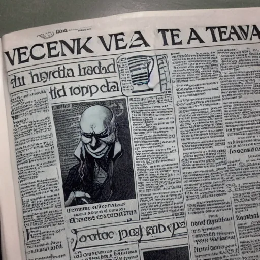 Image similar to Vecna, drinking tea, reading a newspaper