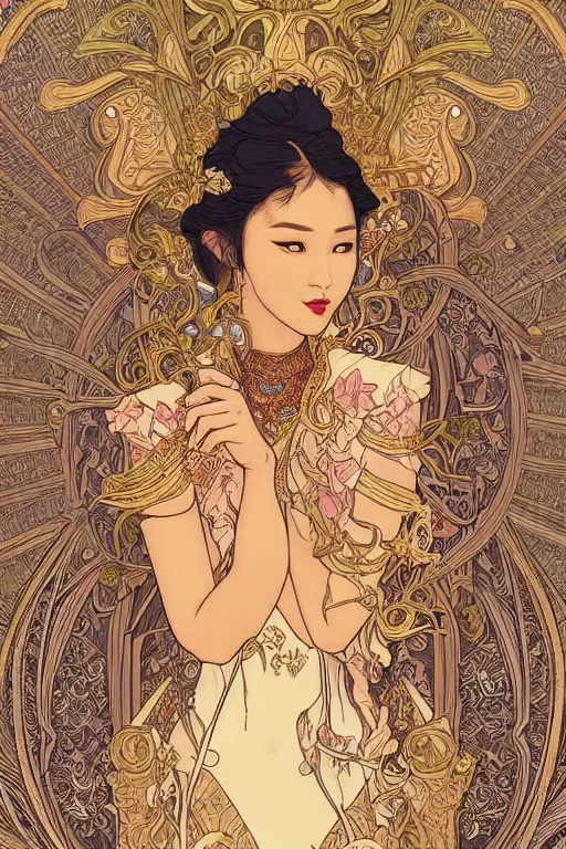 Prompt: beautiful and detailed digital illustration of thai princess by kittichai rueangchaichan, floralpunk, Artstation, art nouveau aesthetic, Alphonse Mucha background, intricate details,concept art, realistic, dramatic, detailed intricate ink illustration, heavenly atmosphere