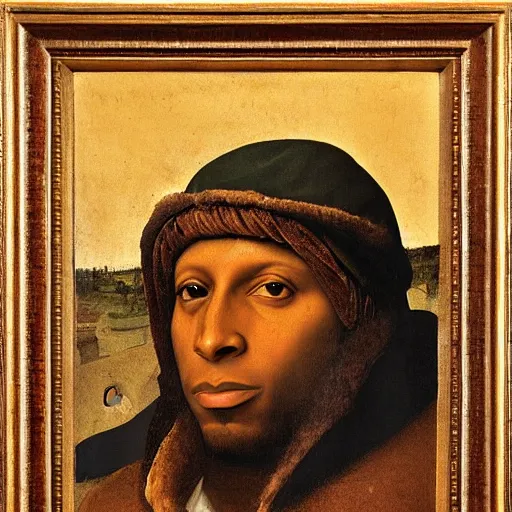 Image similar to a renaissance portrait painting of talib kweli by giovanni bellini