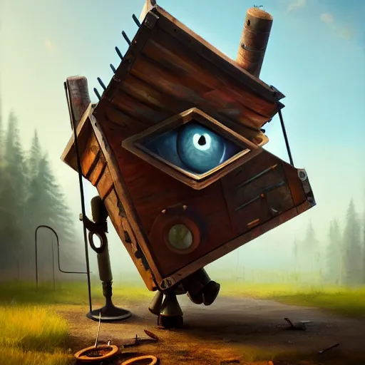 Image similar to a walking wood and metal house with two mechanical legs and two eyes, rust, hyperrealistic, highly detailed, cinematic, single ray of sun, morning, pareidolia, gravity falls style, beautiful, cgssociety, artstation, 8 k, oil painting, digital art