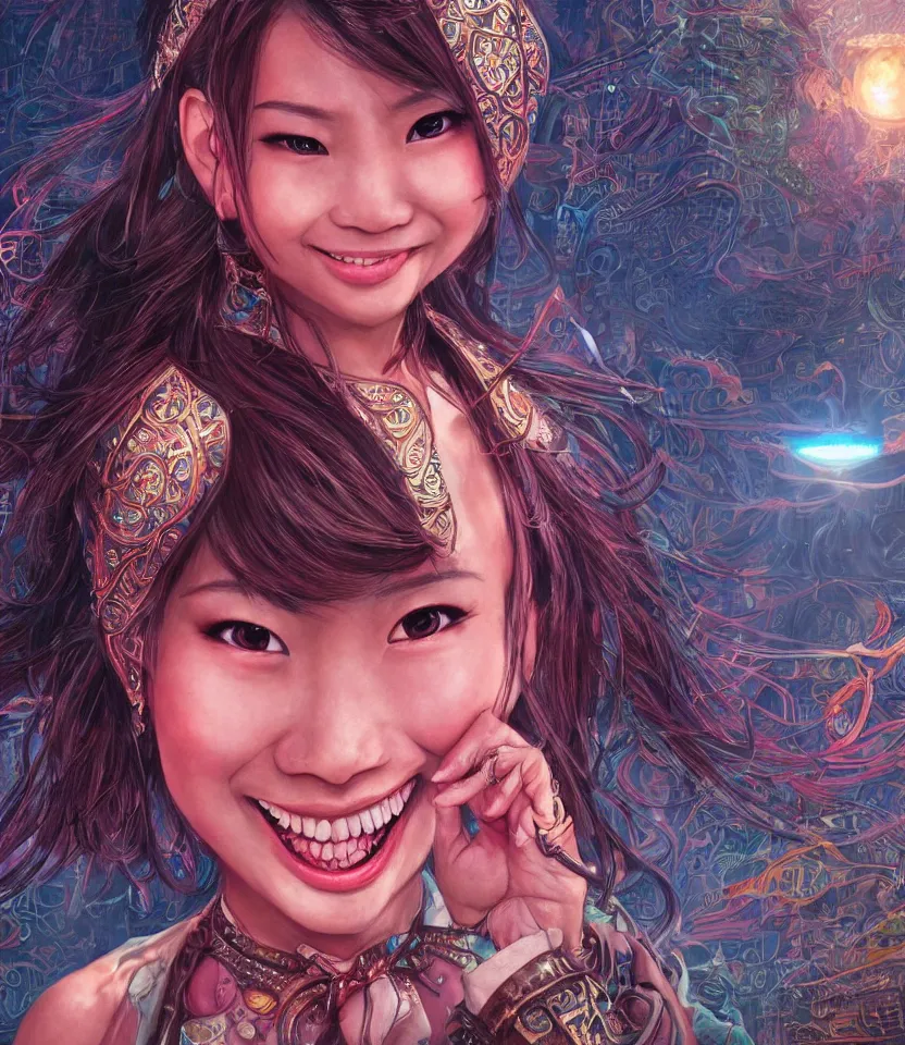 Prompt: beautiful portrait of magician asian girl, cheeky smile, glowing eyes, intricate details, colourful, atmospheric light, ominous ancient city on the background, dark fantasy, ultra realistic details, detailed face, artstation, illustration, one character, symmetrical, by arthur adams