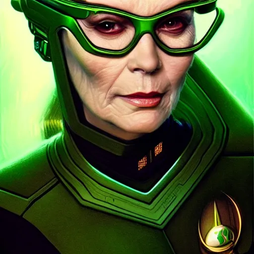 Prompt: portrait of the borg queen from star trek the next generation lady with glasses, ginger,, elegant, real life green skin, intricate artwork, high detailed, artstation, concept art, smooth, sharp focus, art by artgerm and greg rutkowski