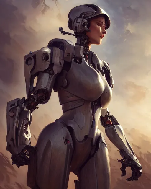 Image similar to daniel gerhartz and artgerm full portrait digital rococo painting of a beautiful serious woman wearing a mecha suit, war torn battlefield in the background, glinting sunlight, unreal engine, hyper realism, realistic shading, cinematic composition, blender render, octane render, hdr, detailed textures, photorealistic, wide shot, 3 5 mm film