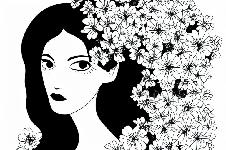 Prompt: beatiful woman surrounded by flowers, beautiful line art, ink illustration, sketch, pure b&w