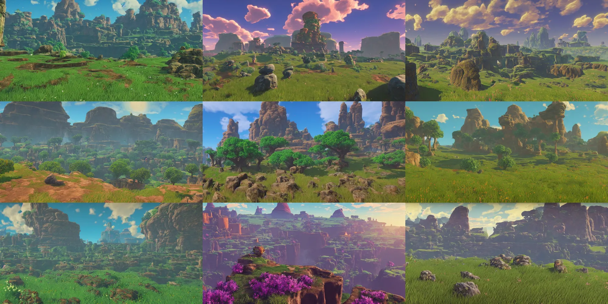 Prompt: a beautiful lush landscape on flying rocks, with ancient monuments in the background. zelda botw 2 promotional game footage. raytraced image, godrays, detailed