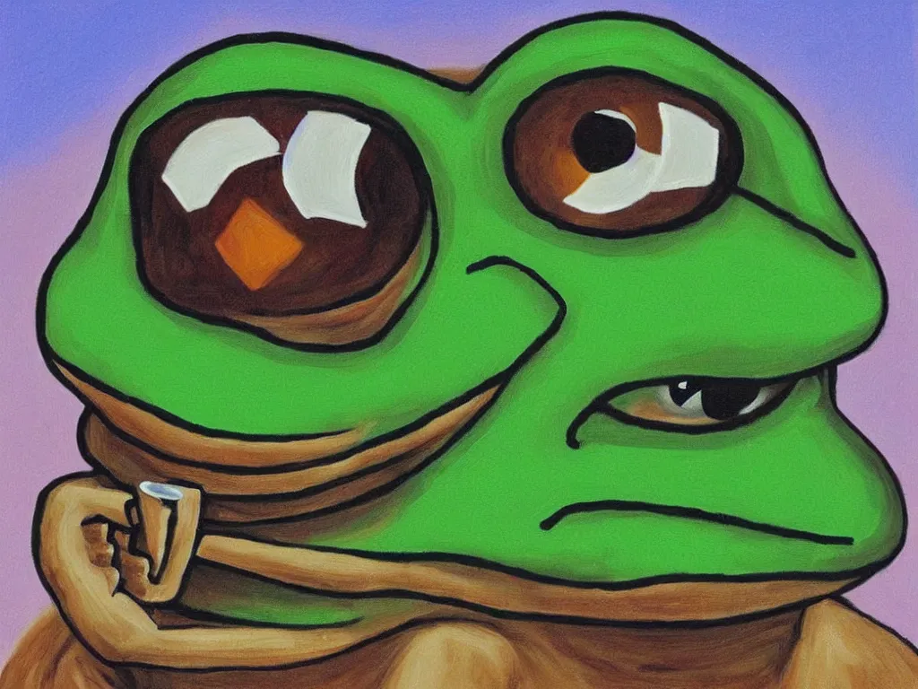 Image similar to portrait of a cyclops pepe! the frog! drinking coffee in the style of dali, oil painting