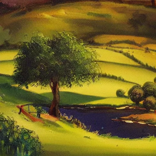 Image similar to landscape painting of the shire, bag - end, painting by bob ross