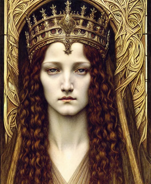 Image similar to detailed realistic beautiful young medieval queen face portrait by jean delville, gustave dore and marco mazzoni, art nouveau, symbolist, visionary, gothic, pre - raphaelite. horizontal symmetry