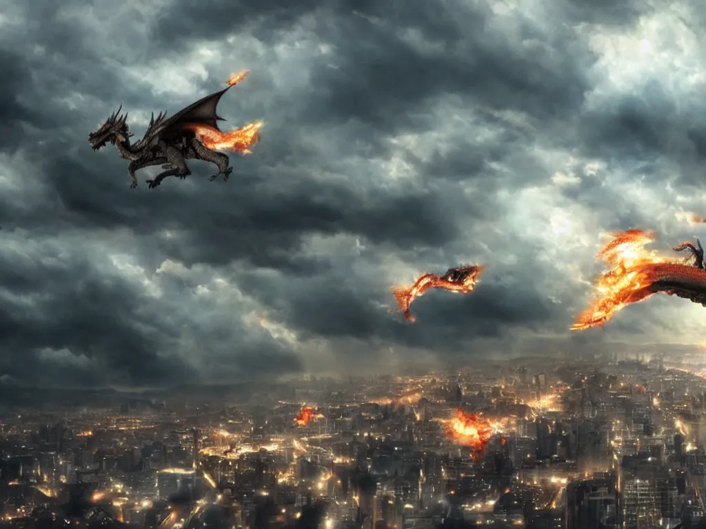 Image similar to epic detailed cinematic shot of dragon flying over a city through stormy clouds, breathing fire