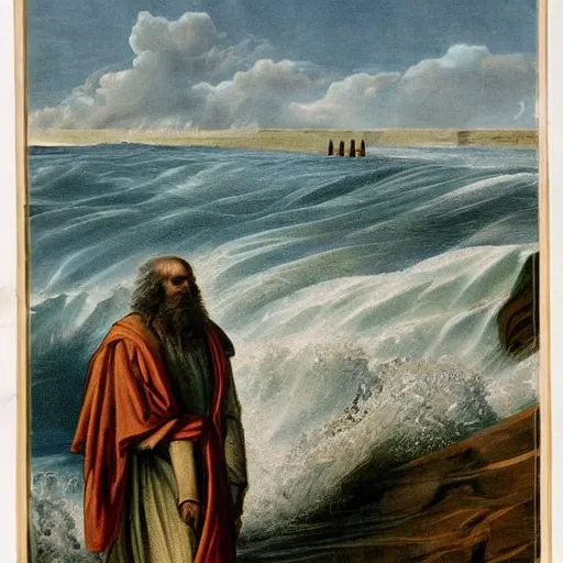 Image similar to a photo of moses with his arms wide, splitting the sea, big water walls creating a pathway to cross the sea, beautiful scenery, cinematic