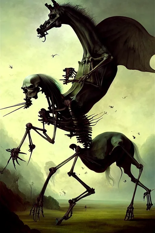 Image similar to hieronymus bosch, greg rutkowski, anna podedworna, painting of a flying evil skeletal horse