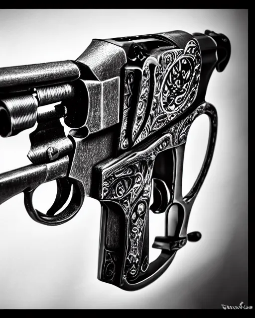 Image similar to realistic detailed revolver, black and white polaroid, western, high production value, intricate details, high resolution, hyperrealistic, hdr, high definition, award winning photography, masterpiece, ultra realistic, highly detailed, hd, sharp focus, cinematic lighting, shaded, non blurry, sharp, smooth