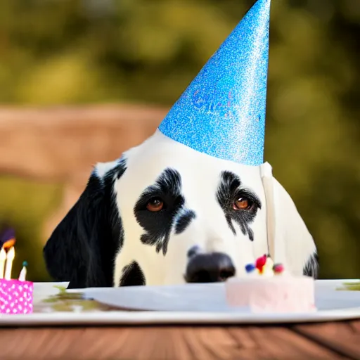 Prompt: photo of dalmatian dog with birthday hat eating a birthday cake,