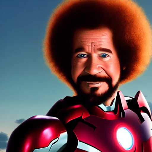 Image similar to a still of Bob Ross as Ironman. Magic Hour. Professional photography, 4K. Mood