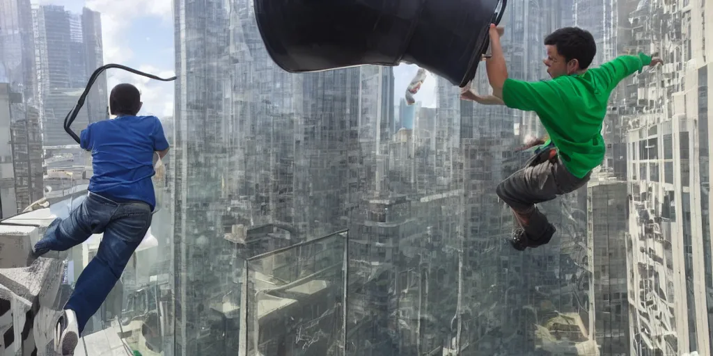 Prompt: man falling down from a skyscraper holding a minecraft bucket with water in his hand