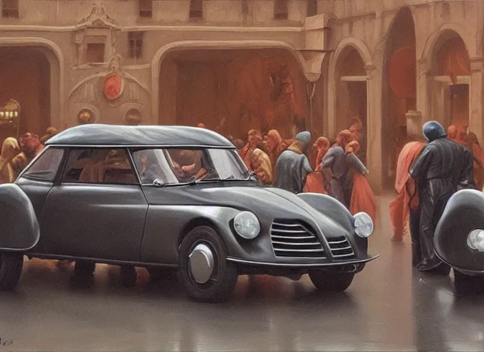 Prompt: knight in armor, st. vitus'dance at a black 1 9 5 5 citroen ds 1 9 with the headlights on, parked on the side of the road in the city of rome while it is raining, by george tooker, moody, sinister, lighting, hyperrealistic