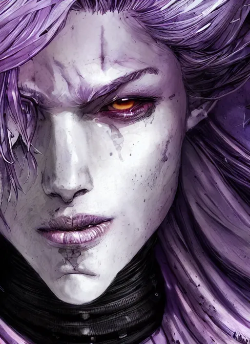 Image similar to close up portrait of a pale woman in sci - fi armor with purple hair, powerful, domineering, stoic, masterful, intense, ultrafine hyperdetailed illustration by kim jung gi, irakli nadar, intricate linework, sharp focus, octopath traveler, yoji shinkawa, yoshitaka amano, detailed, concept art