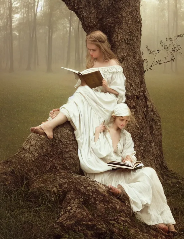 Prompt: peasant Girl in white dress reading a book sitting on a tree in a foggy forest, Cinematic focus, Polaroid photo, vintage, neutral colors, soft lights, by Steve Hanks, by Serov Valentin, by lisa yuskavage, by Andrei Tarkovsky 8k render, detailed, oil on canvas