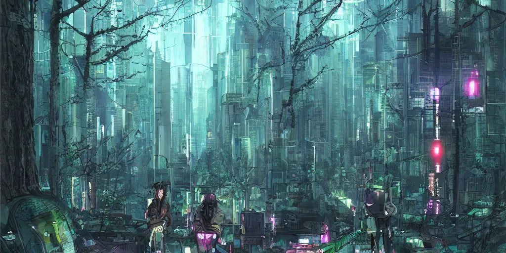 Prompt: the forests of cyberpunk tokeyo by kirokaze