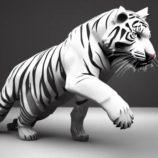 Image similar to a low - poly render of a white tiger in a dynamic action pose dwelling in the spirit realm, low poly 3 d, octane render, dramatic dreamlike lighting, all white render, no textures, angular energetic background elements, angular dynamic white rock floor