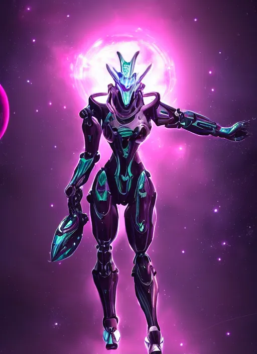Image similar to cinematic shot, bust, cosmic sized perfectly proportioned stunning beautiful hot female warframe, robot mecha female dragon head, silver armor, fuschia leds, floating in empty space, nebula sized, holding a galaxy, epic proportions, epic size, epic scale, furry art, dragon art, giantess art, warframe fanart, furaffinity, deviantart