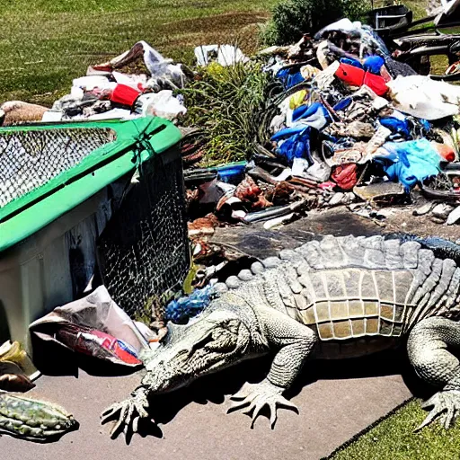 Image similar to one large alligator on a leash sleeping next to a very large mound of trash, papers, junk, and metal parts in a suburban yard