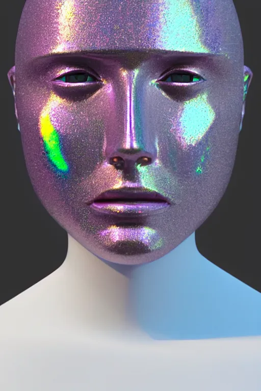 Prompt: 3d render of holographic human robotic bust made of glossy iridescent, bust, surrealistic 3d illustration of a human non-binary, non binary model, 3d model human, cryengine, made of holographic texture, holographic material, holographic rainbow, concept of cyborg and artificial intelligence