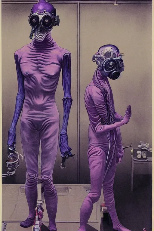 Prompt: a surreal frances bacon and takato yamamoto painting of two skinny figures, fleshy, wearing ornate gas masks and clothed in purple and blue, inside a grand dystopian room with fires raging and medical equipment, full view, concept art, horror art, extremely high details, hyper realistic high quality adrian ghenie and edward hopper