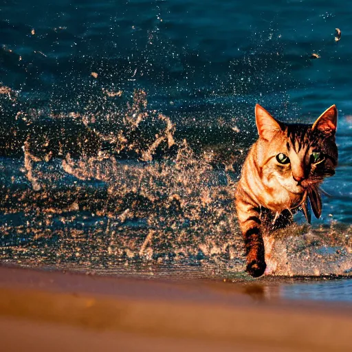 Image similar to photograph of cat running through the shallow waves at the beach, high quality, hd, flickr, sharp focus, cinematic lighting, rim lighting, enhanced colors