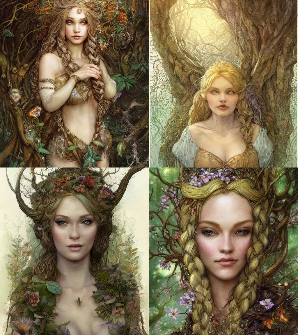 Prompt: beautiful cottagecore blonde plump fey woman, intricate, braided hair, magical forest, stunning, highly detailed, digital painting, artstation, concept art, smooth, sharp, focus, illustration, art by brian froud and greg rutkowski and rebecca guay