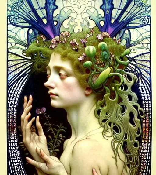 Image similar to beautiful young orchid fairy detailed realistic porcelain face portrait by jean delville, alphonse mucha, iris van herpen and charlie bowater, art forms of nature by ernst haeckel, art nouveau, symbolist, visionary, gothic, neo - gothic, pre - raphaelite, fractal lace, intricate alien botanical biodiversity, surreality, hyperdetailed ultrasharp octane render