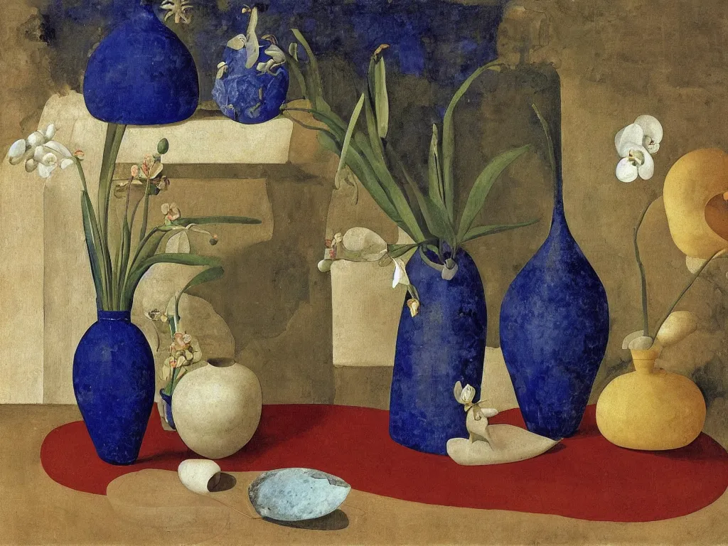 Prompt: still life with amphora, vase, seashell, orchid. lapis lazuli, malachite, cinnabar, gold. painting by piero della francesca, balthus, agnes pelton