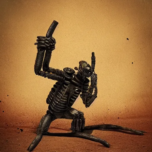 Image similar to ant humanoid with wrench, post-apocalyptic, mad max style,,