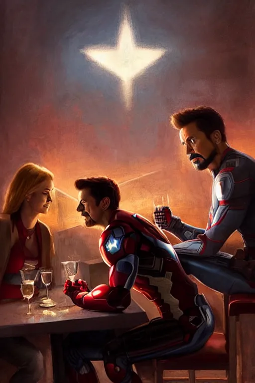 Prompt: iron man and captain america sit across from each other in a romantic restaurant, candlelit, style of greg rutkowski