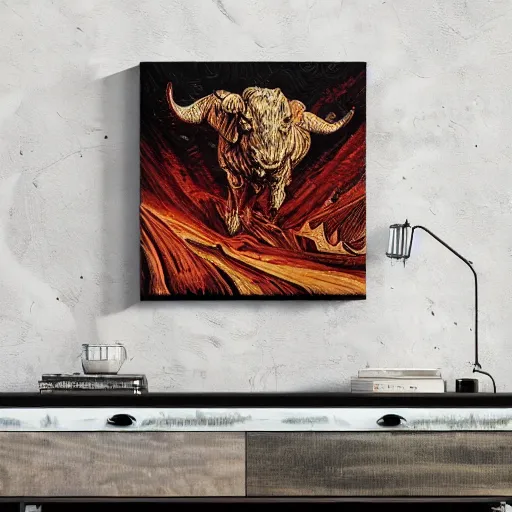 Prompt: vulcano, lava, bull, surreal by dan mumford and umberto boccioni, oil on canvas