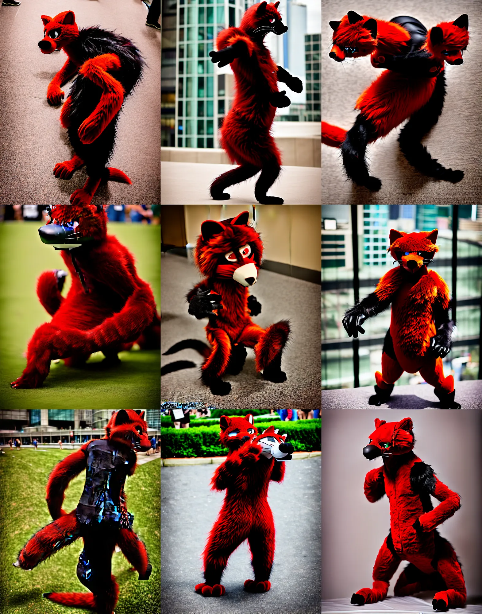 Image similar to fullbody photoshoot photo portrait of a roguish male red - black furred weasel furry fursuiter ( tail attached ), taken at anthrocon ( furry convention )