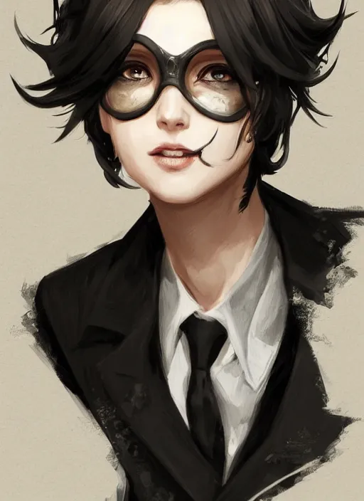 Image similar to a highly detailed illustration of beautiful short black messy haired woman wearing eyepatch!!!!!!!!!!!! and noir style suit and tie, dramatic smiling pose, intricate, elegant, highly detailed, centered, digital painting, artstation, concept art, smooth, sharp focus, league of legends concept art, WLOP