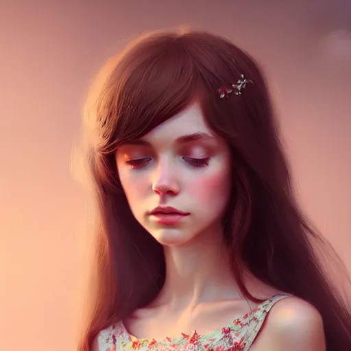 Image similar to a beautiful brown - haired girl with a summer dress, intricate, elegant, highly detailed, digital painting, artstation, concept art, smooth, sharp focus, illustration, ethereal, misty, by ilya kuvshinov and jeremy mann, 8 k, octane render h 7 0 4