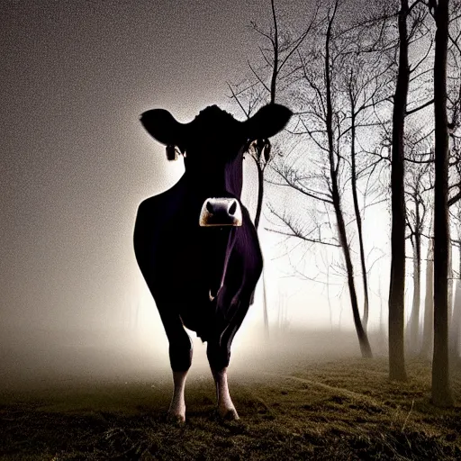 Image similar to low quality photograph of a cow looking at the camera at night, dark, creepy mood, dark forest, low lighting