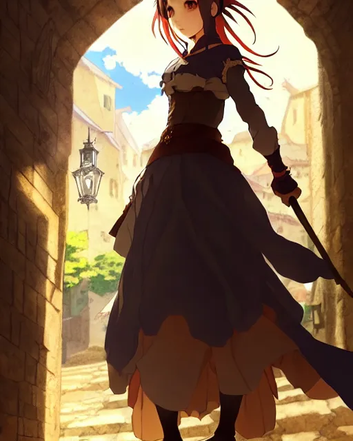 Image similar to pixiv, key anime visual portrait of a young female walking through a medieval village, dynamic pose, dynamic perspective, cinematic, dramatic lighting, detailed silhouette, film grain, yoshitaka amano, tending on artstation, face by yoh yoshinari, detailed, intricate