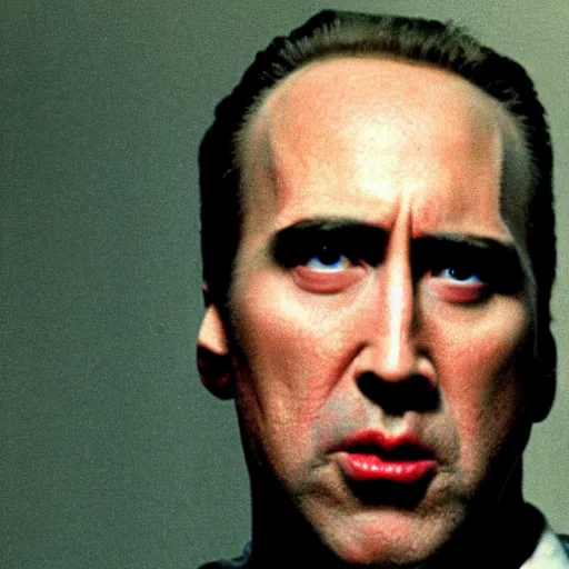 Prompt: frightening, creepy, scary, horrifying nicholas cage in twin peaks, scene from episode directed by david lynch and mark frost, 8 k, 1 9 9 0