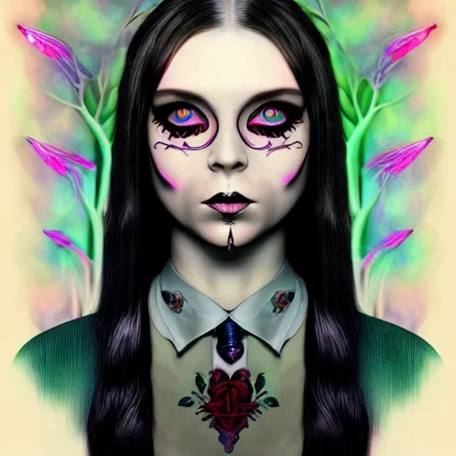 Image similar to An extremely psychedelic portrait of Wednesday Addams, surreal, LSD, face, detailed, intricate, elegant, lithe, highly detailed, digital painting, artstation, concept art, smooth, sharp focus, illustration