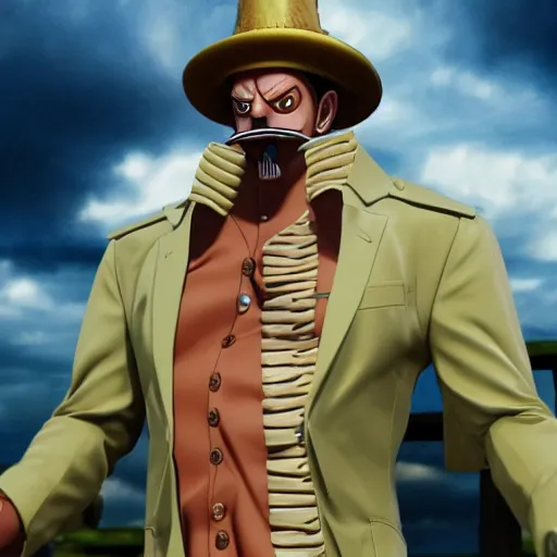 Prompt: Sir Crocodile from One Piece, Live Action, Photorealistic, movie still, cigar, epic quality, cinematic, sharp focus, 8k,