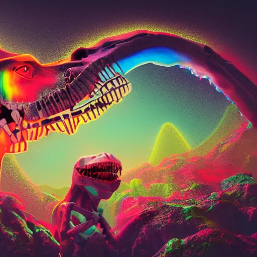 Prompt: t - rex skeleton drinking a giant ipa, intricate complexity, inverted rainbow drip paint, psychedelic glitch art, trending on art station, photoreal, 8 k, octane render