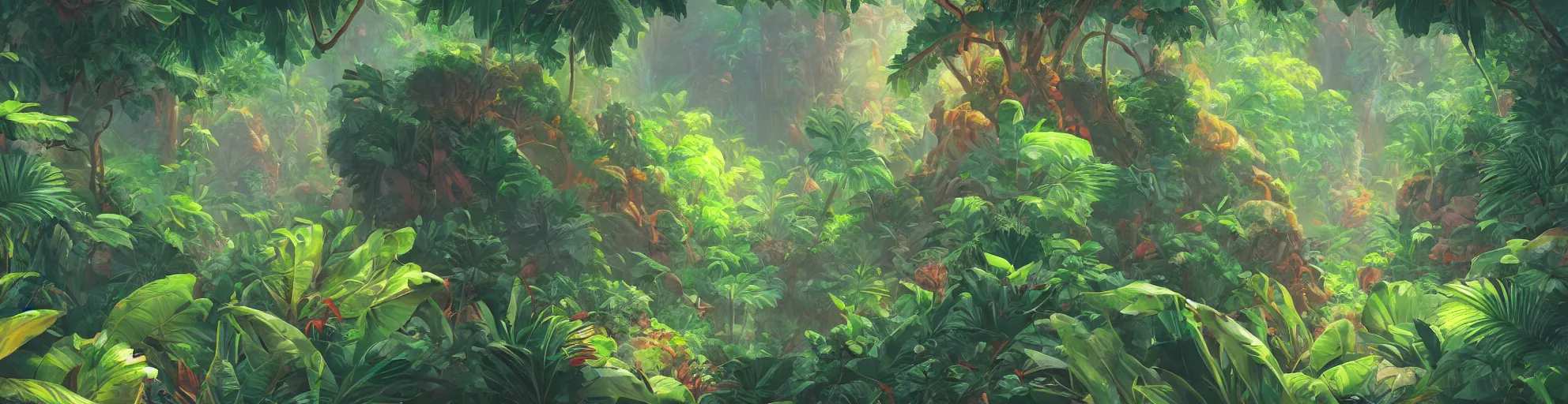 Prompt: Tropical leafs in jungle, trending on artstation, by Noah Bradley