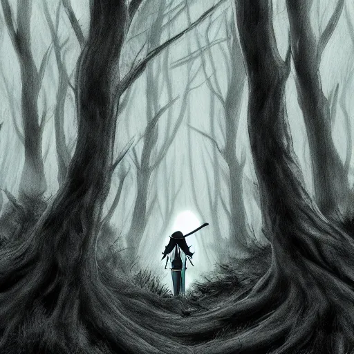 Prompt: a close shot of a grim reaper standing in a forest by studio ghibli, detailed, gloomy, digital art,