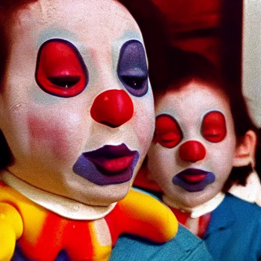 Prompt: screenshot from the scene from the holy mountain where the conjoined child clowns play. The child clowns are conjoined at the head and neck. Cinematic, VHS copy, film grain, 35mm film.