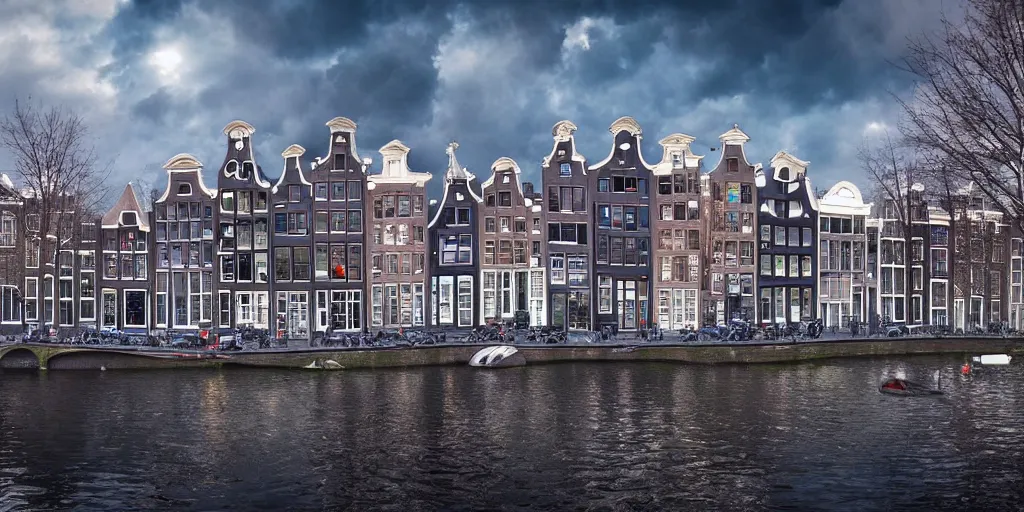 Image similar to futuristic photo of Amsterdam in a sci-fi style, 8K, hyper realistic, very detailed,