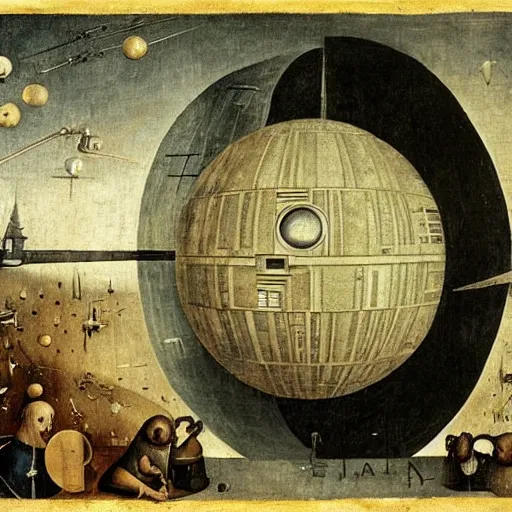 Prompt: the death star, by Hieronymus Bosch