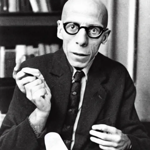 Prompt: photograph of Michel Foucault taking LSD